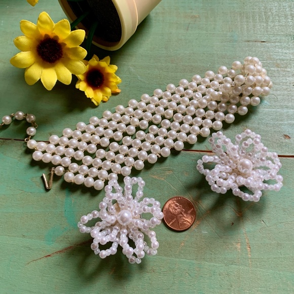 Mid-Century Hong Kong - Faux Pearl Choker & Shoe Clips - Vintage Bride - Picture 1 of 10